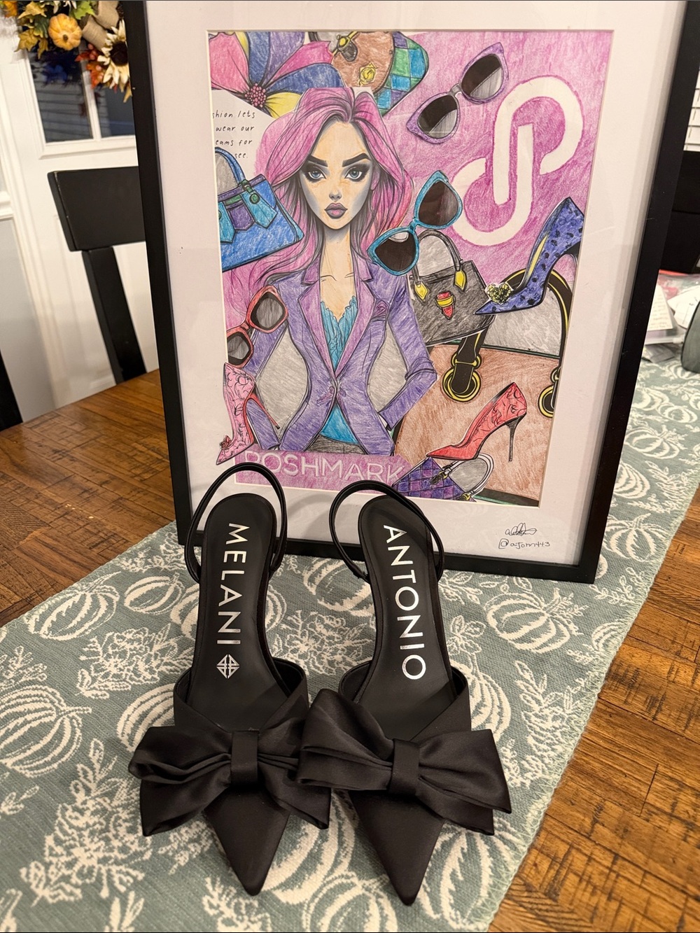 ANTONIO MELANI Black Satin Pointed-Toe Slingback Heels with Bow